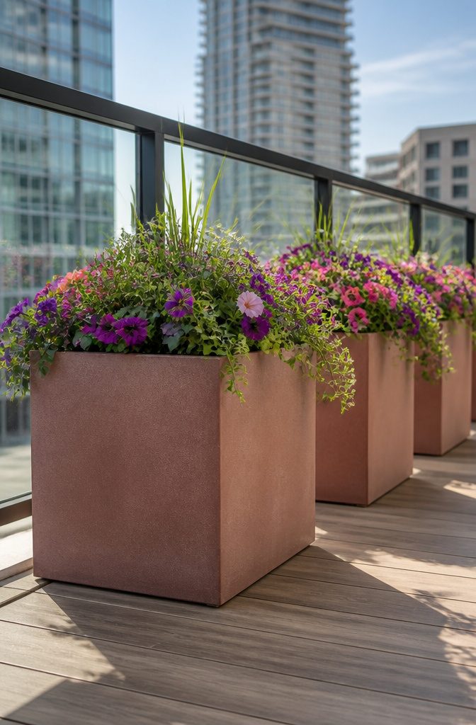 Antico Square planters displayed in different sizes on a balcony.