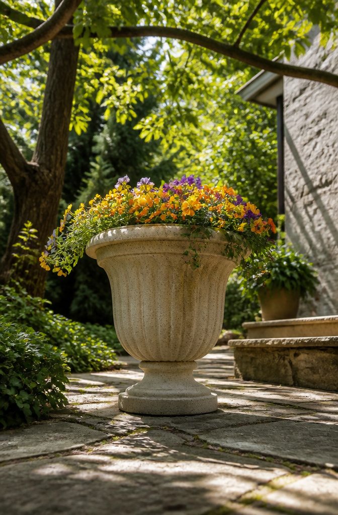 Linwood urn planter displayed outdoors, showcasing its height and design.