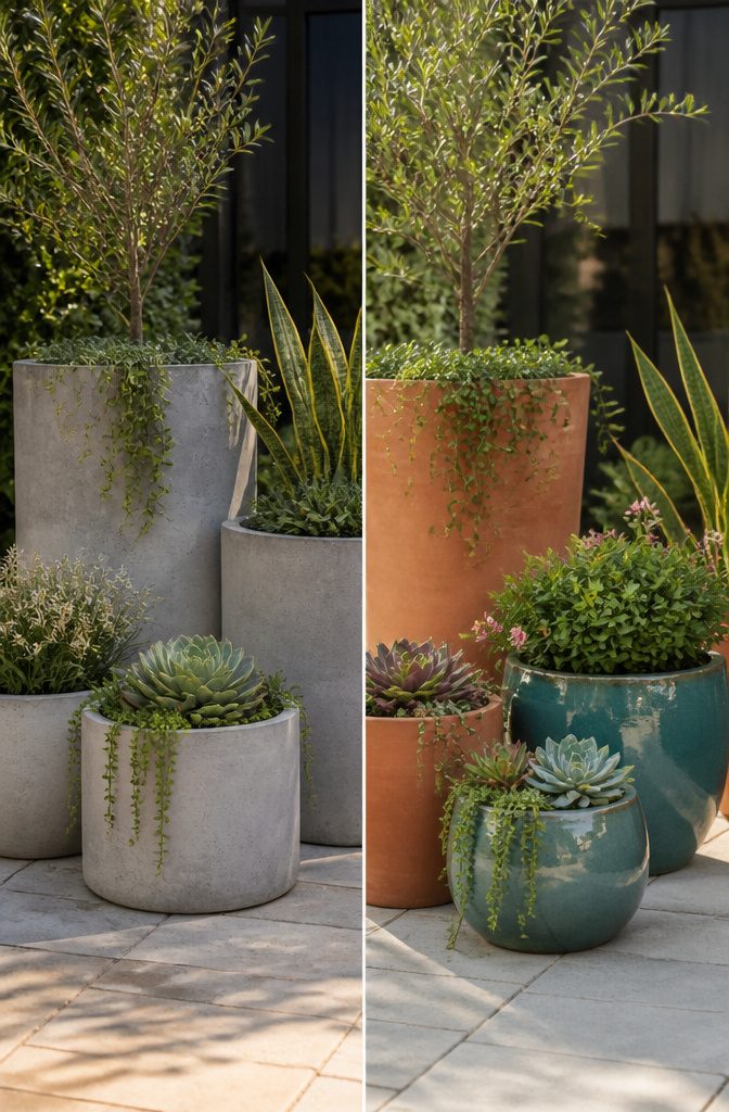 Different color finishes of concrete planters displayed in a modern courtyard.