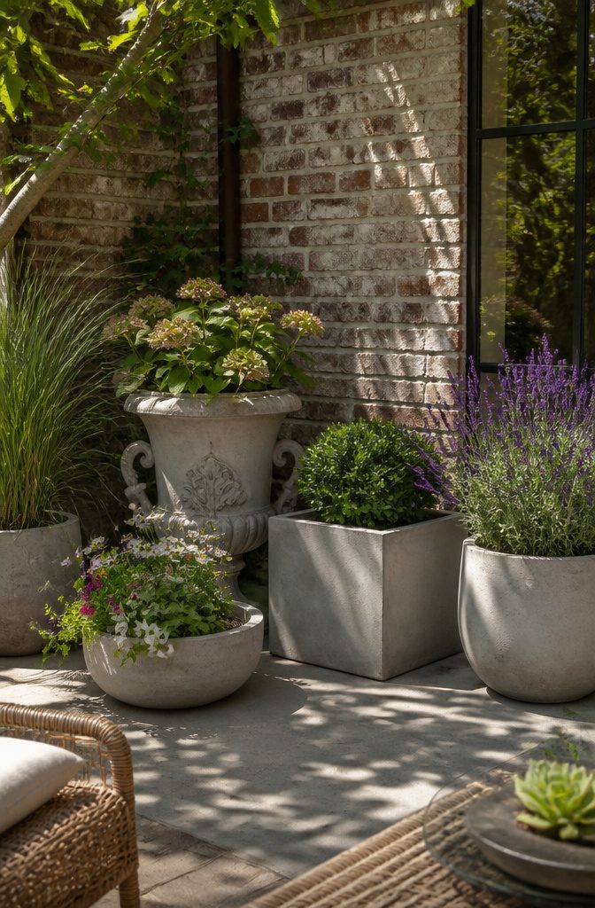 Concrete outdoor planters in different styles arranged in a garden corner.