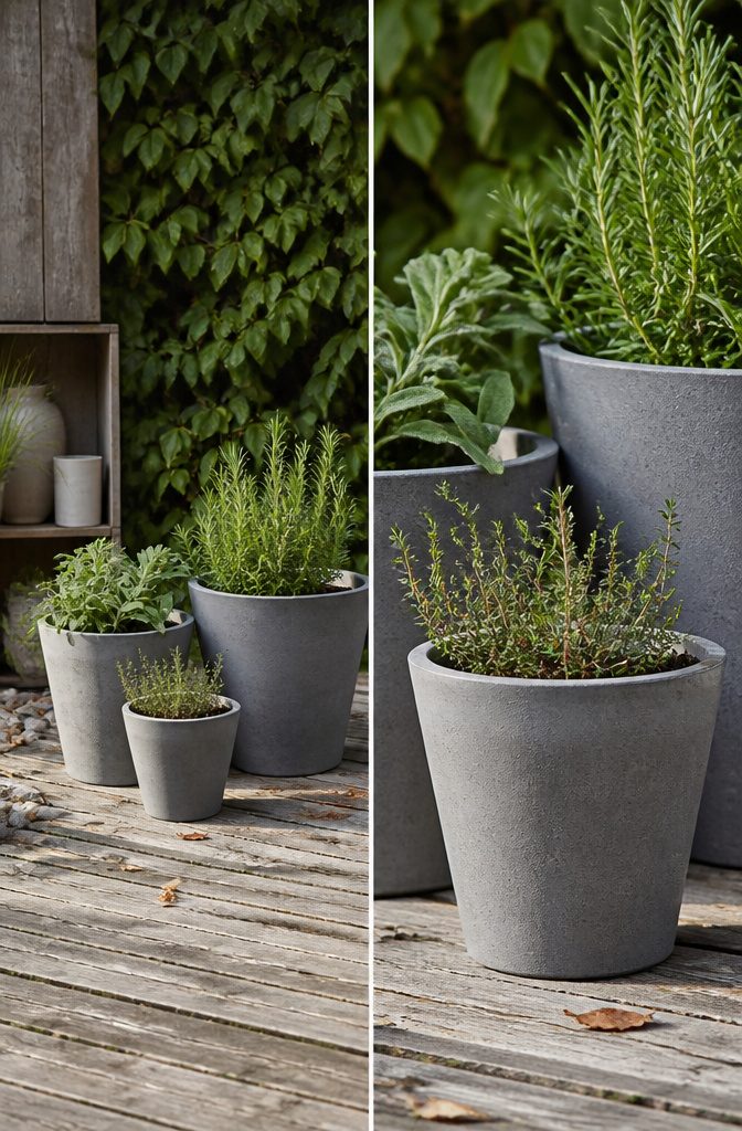 A collection of tapered Farmers pots in various sizes on a patio.