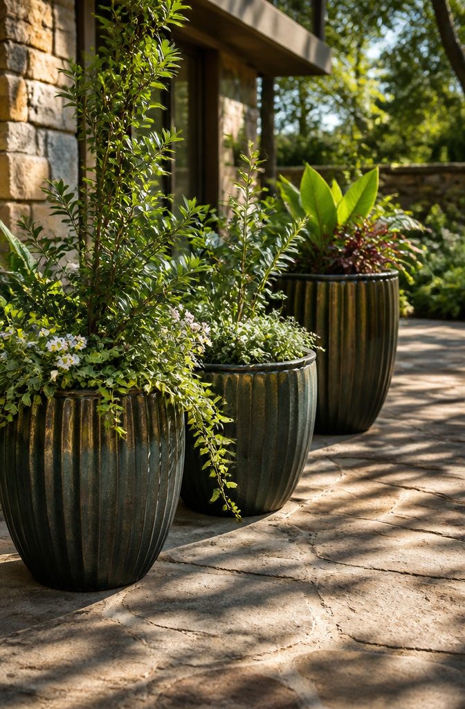 Glazed Delphine planters arranged on a stone pathway surrounded by greenery.