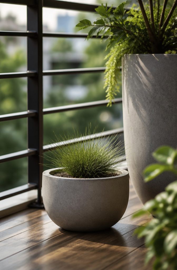Maia planter with a soft gray finish holding ornamental grass on a balcony.