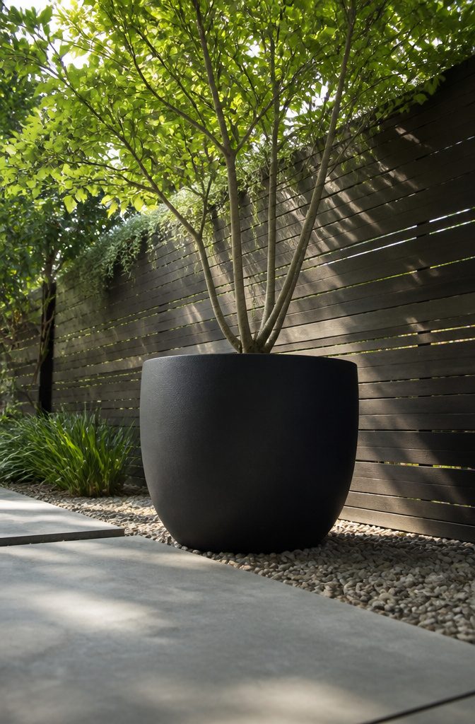 Rumba planter in Ice Black, showcasing its mass and rounded design.