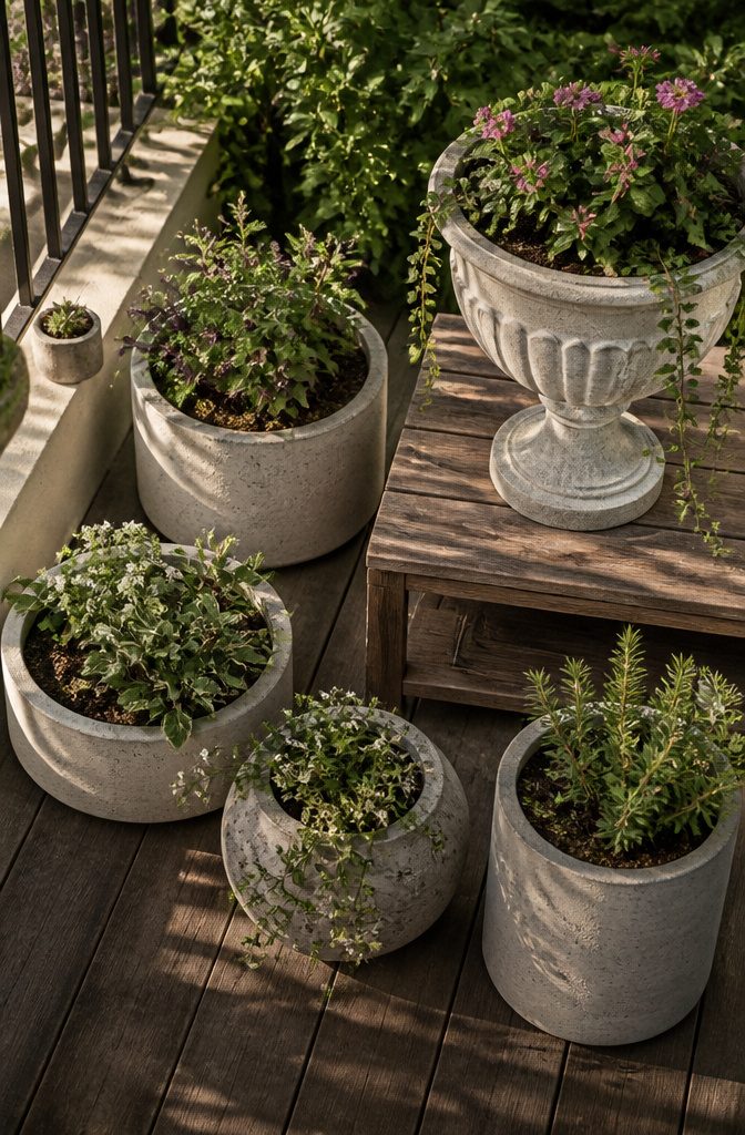 A chart showing size and weight ranges of various concrete planters.