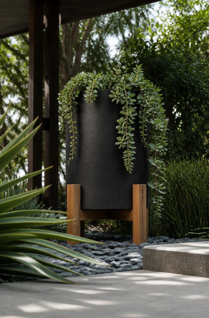 Tall Tecate planter with a Playa Noche finish placed on a patio.