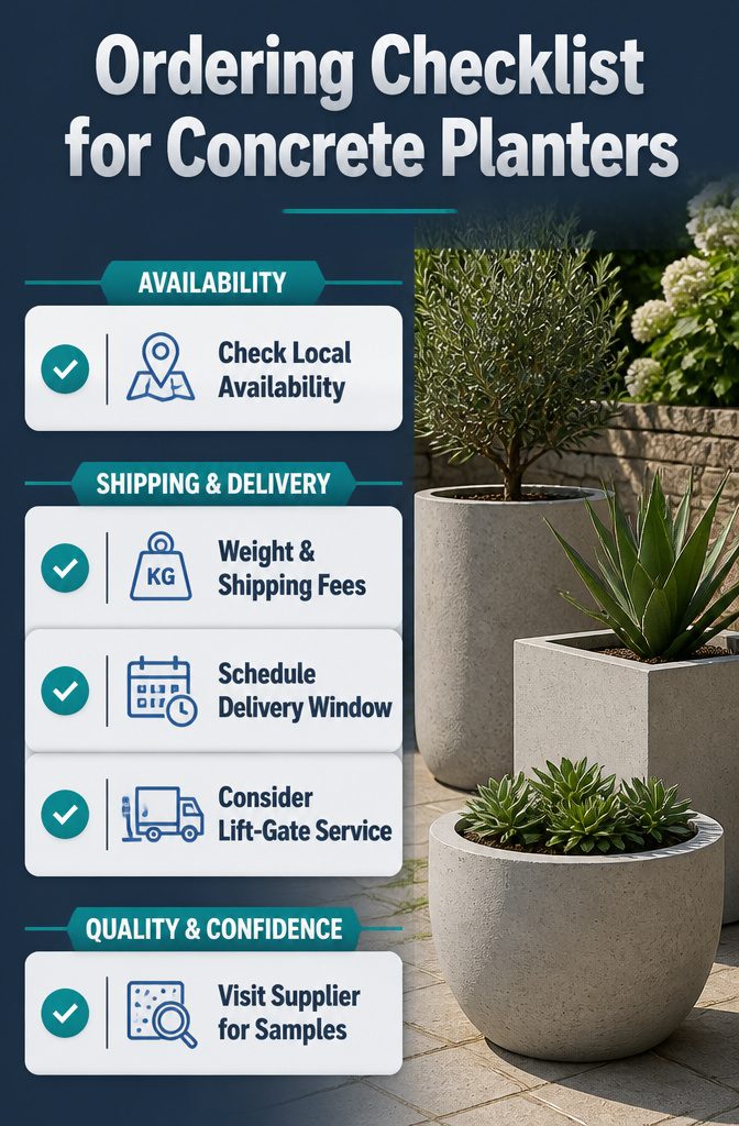 Checklist image for ordering concrete outdoor planters with details.