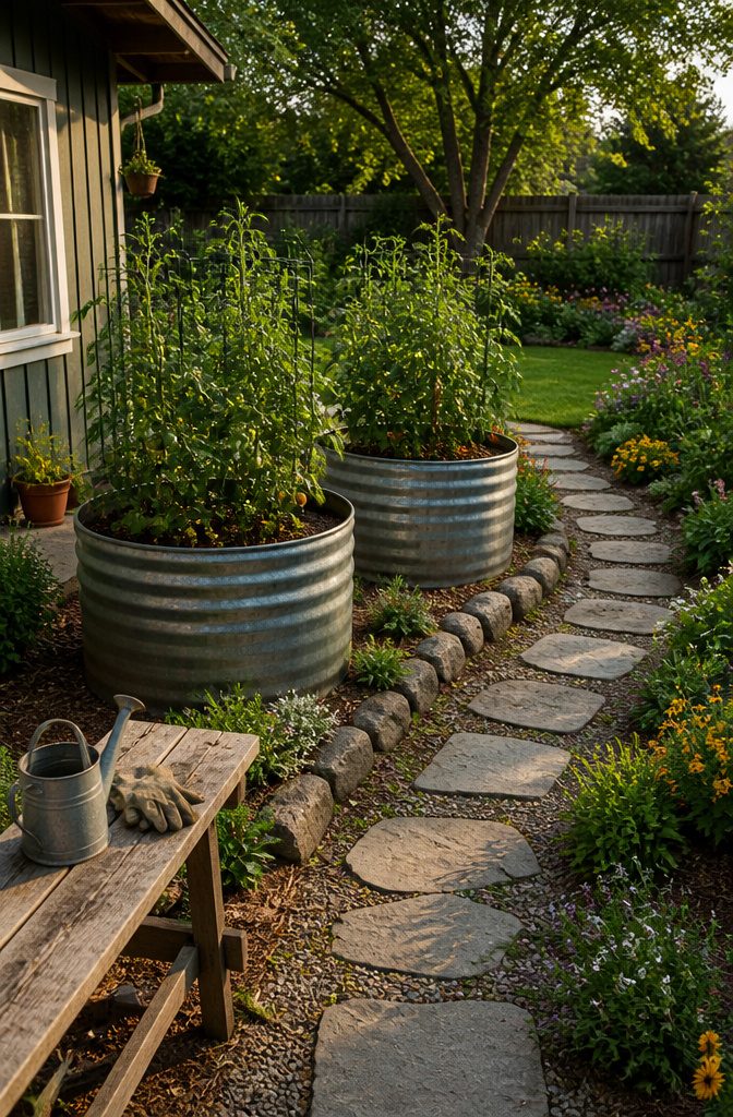 DIY Large Planters Outdoor Cheap: 10 Ideas for 2026 11 Used steel barrel cut in half, creating two planter sections.
