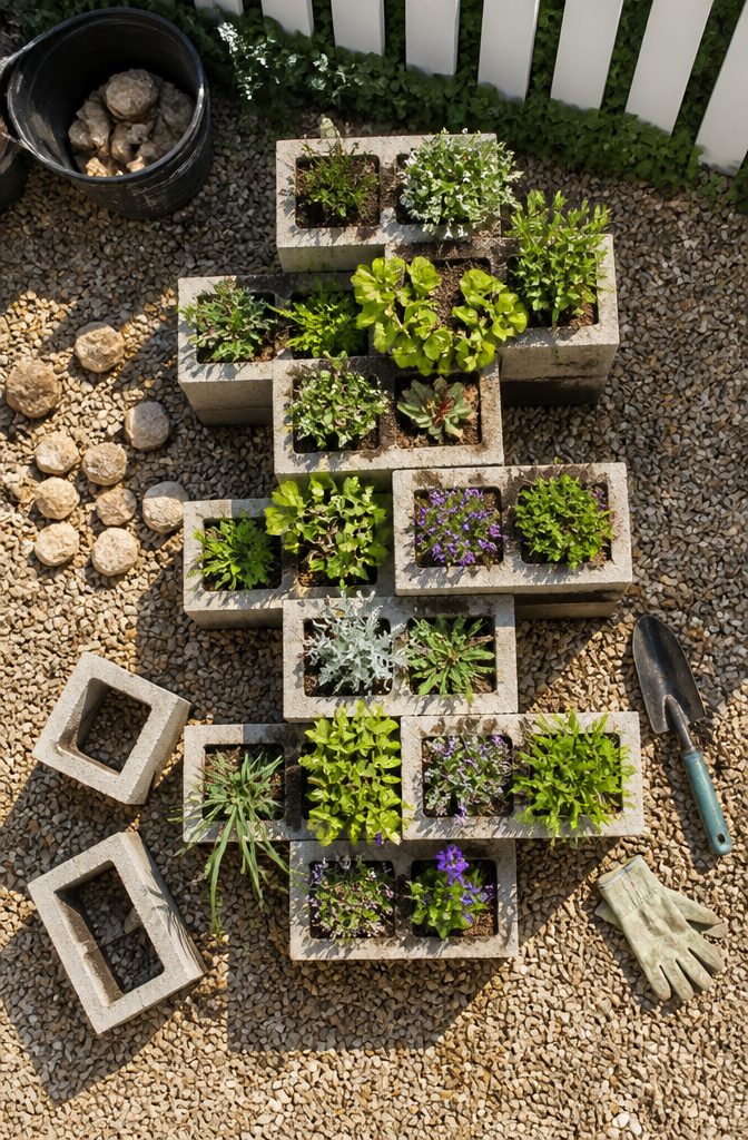 DIY Large Planters Outdoor Cheap: 10 Ideas for 2026 8 Cinder blocks arranged to form a knee-high planter with planting pockets.