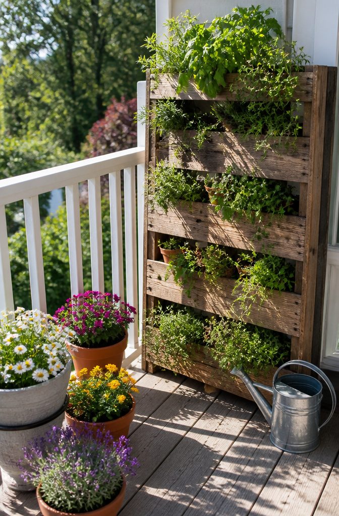 DIY Large Planters Outdoor Cheap: 10 Ideas for 2026 10 Vertical pallet planter filled with herbs along a sunny porch.