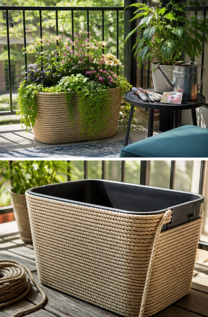 DIY Large Planters Outdoor Cheap: 10 Ideas for 2026 3 Storage tub planter wrapped in sisal rope with sweet potato vine.