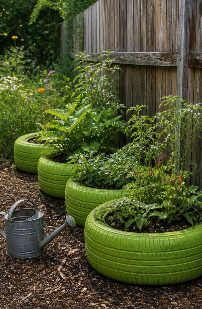 DIY Large Planters Outdoor Cheap: 10 Ideas for 2026 9 Repurposed tires painted green, serving as colorful planters.