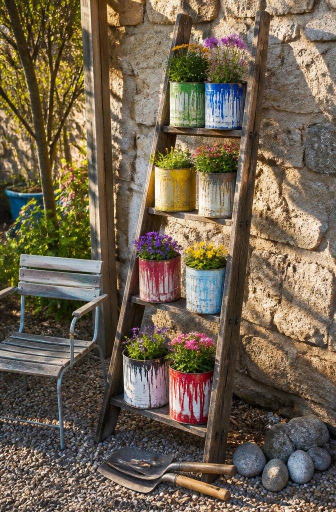 DIY Large Planters Outdoor Cheap: 10 Ideas for 2026 4 Paint cans with colorful blooms on a rustic wooden ladder.