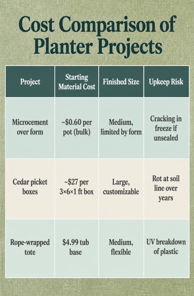 DIY Large Planters Outdoor Cheap: 10 Ideas for 2026 14 Chart comparing costs of various DIY planter projects.