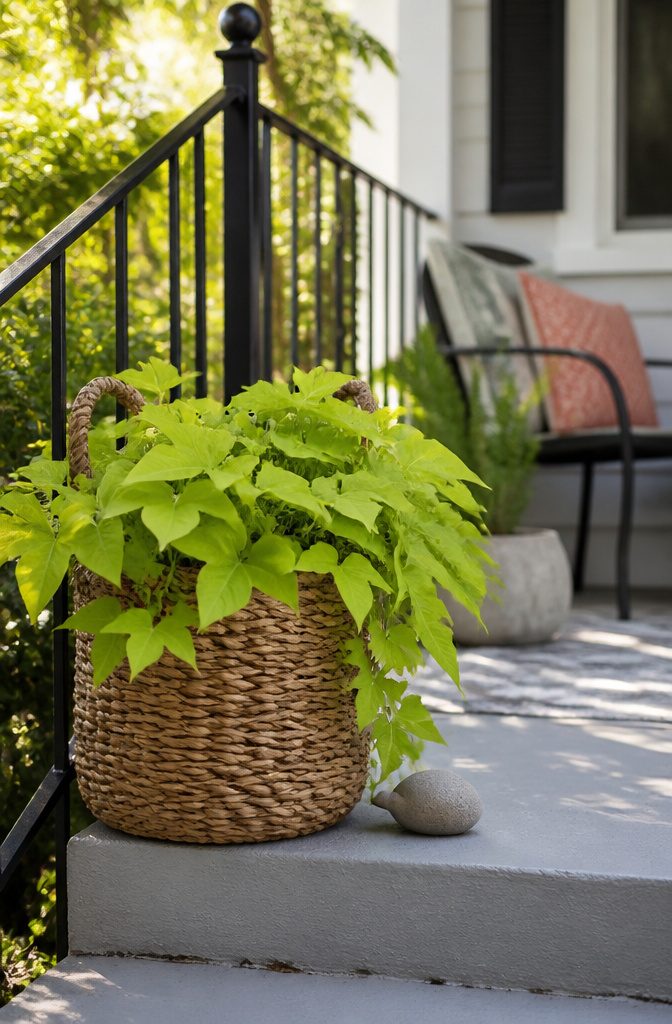 Woven basket planter with sweet potato vine.