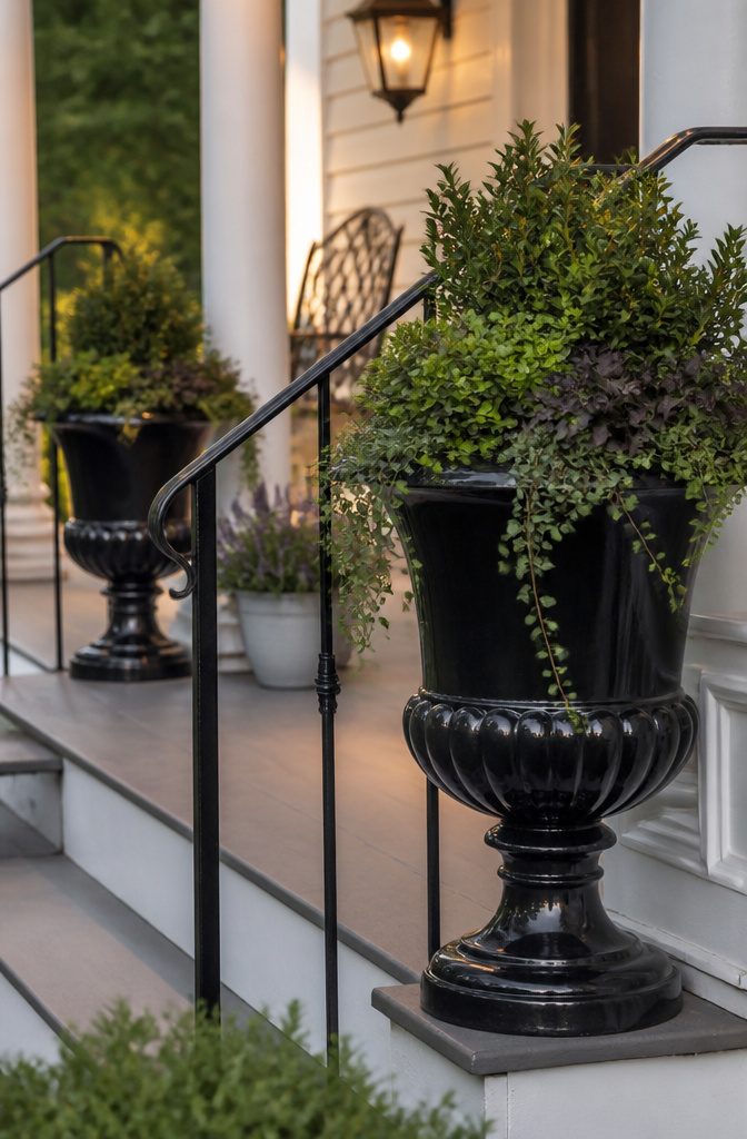 Black urn planters on a porch.