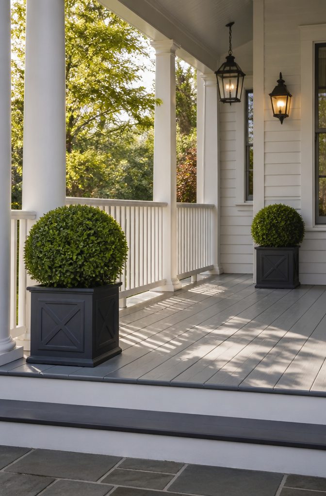 Boxwood shrubs in planters on a porch.