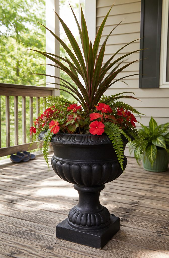Cast-iron urn planter with dracaena and red impatiens.