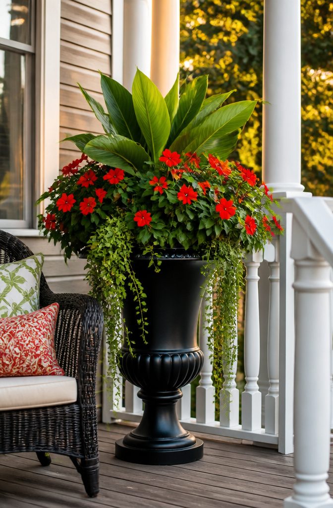 Black urn planter filled with colorful flowers.