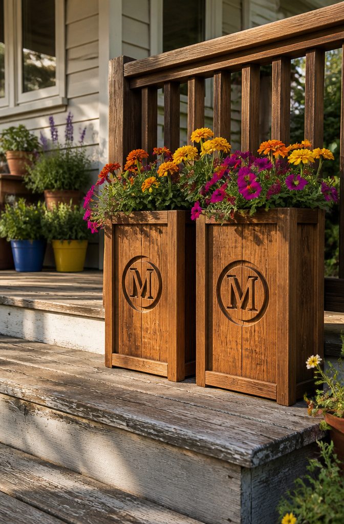 Cedar planters with monograms and blooming flowers.