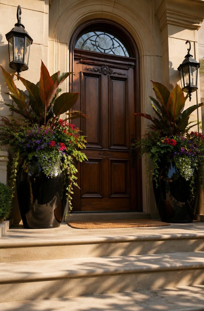 Large planters beside a front door.