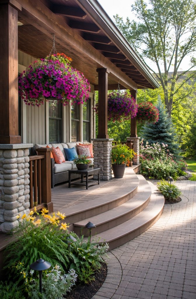Hanging basket planter on a porch.