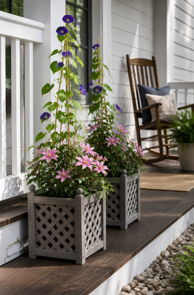 Lattice square planters with morning glory vines and pink clematis.
