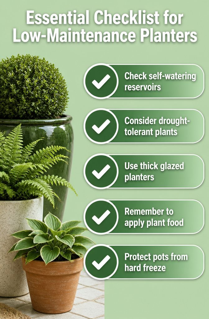 Low-maintenance planters with drought-tolerant plants.