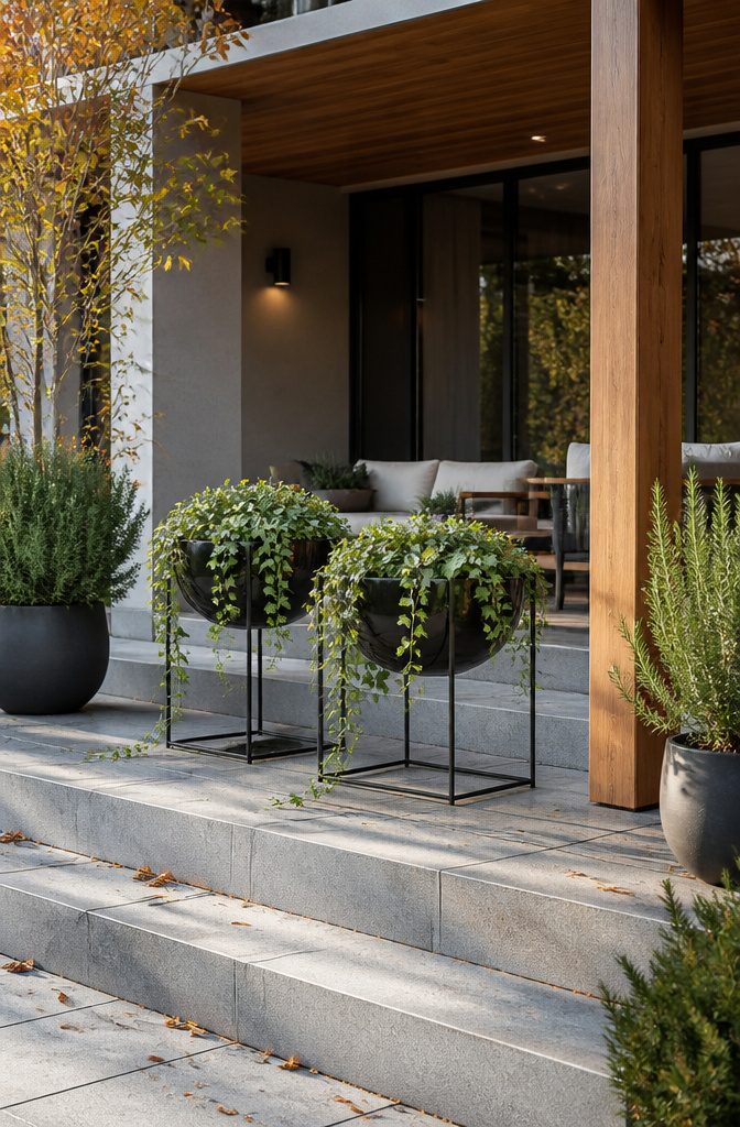 Metal planters on stands with plants.