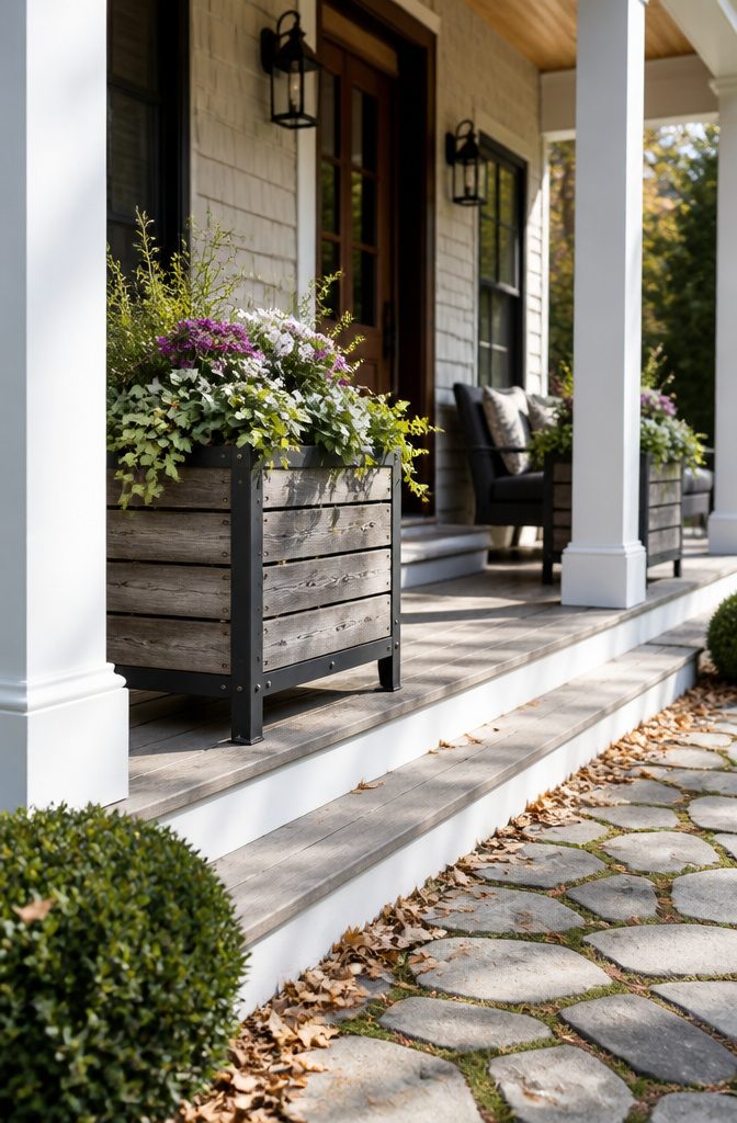Mixed material planters on a porch.