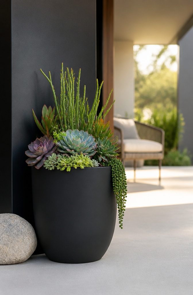 Fiberglass and resin planters on a porch.