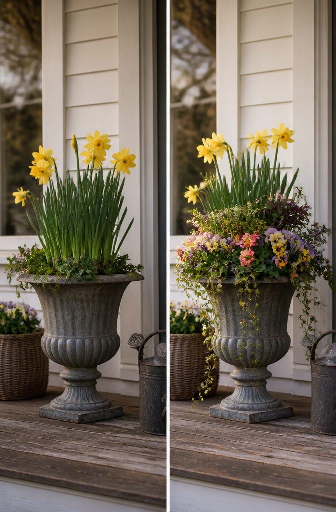 Seasonal flower arrangements in planters on a porch.