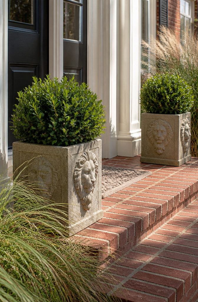 Square lion's head planters with boxwoods on a brick porch.