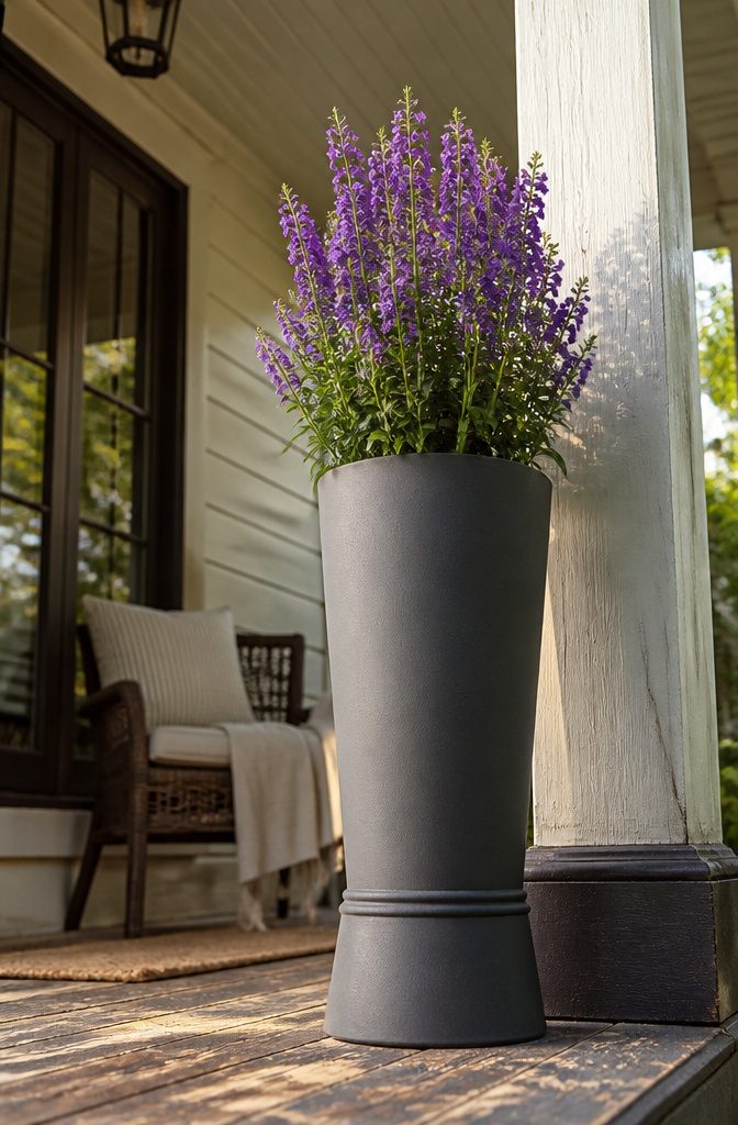 28-inch column planter with angelonia and climbing rose.