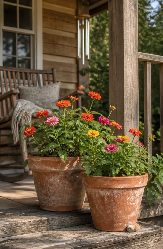Terracotta planters with zinnias on a porch.