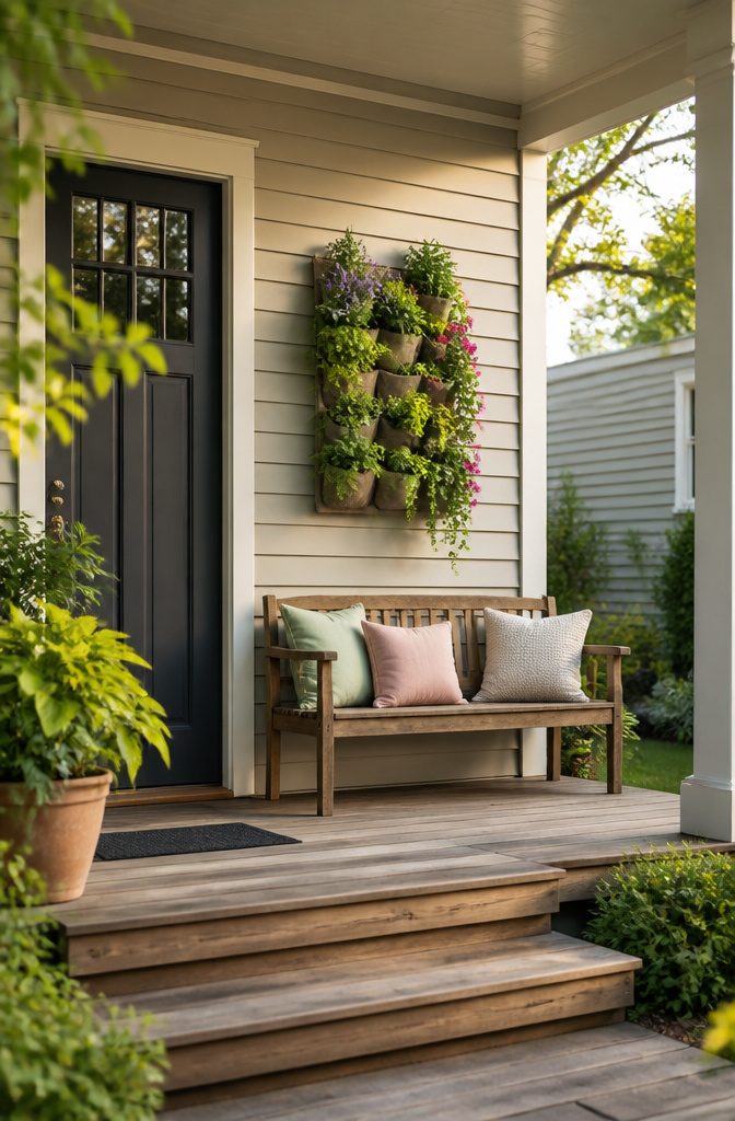 Wall-mounted vertical planters with plants.