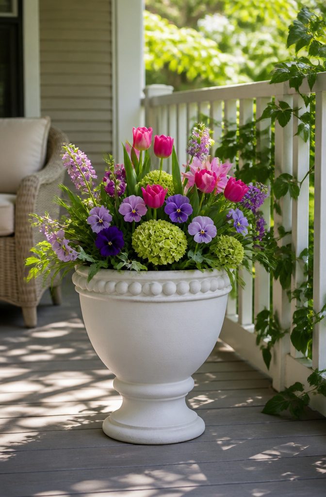 Beaded urn planters on a porch.