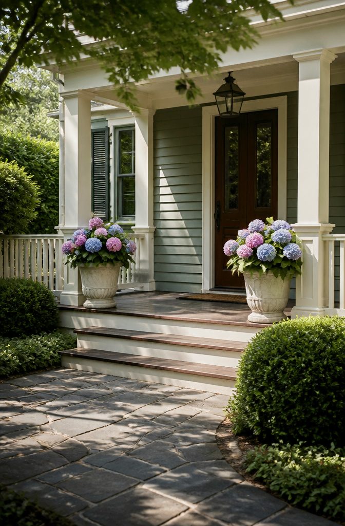 White stone planters filled with plants on a porch.