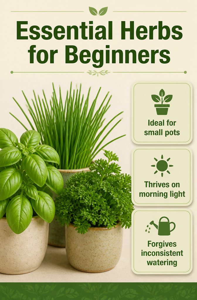 Information image featuring essential herbs for beginners.