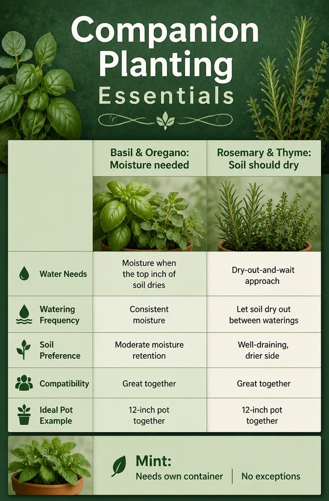 Information graphic on companion planting essentials for herbs.