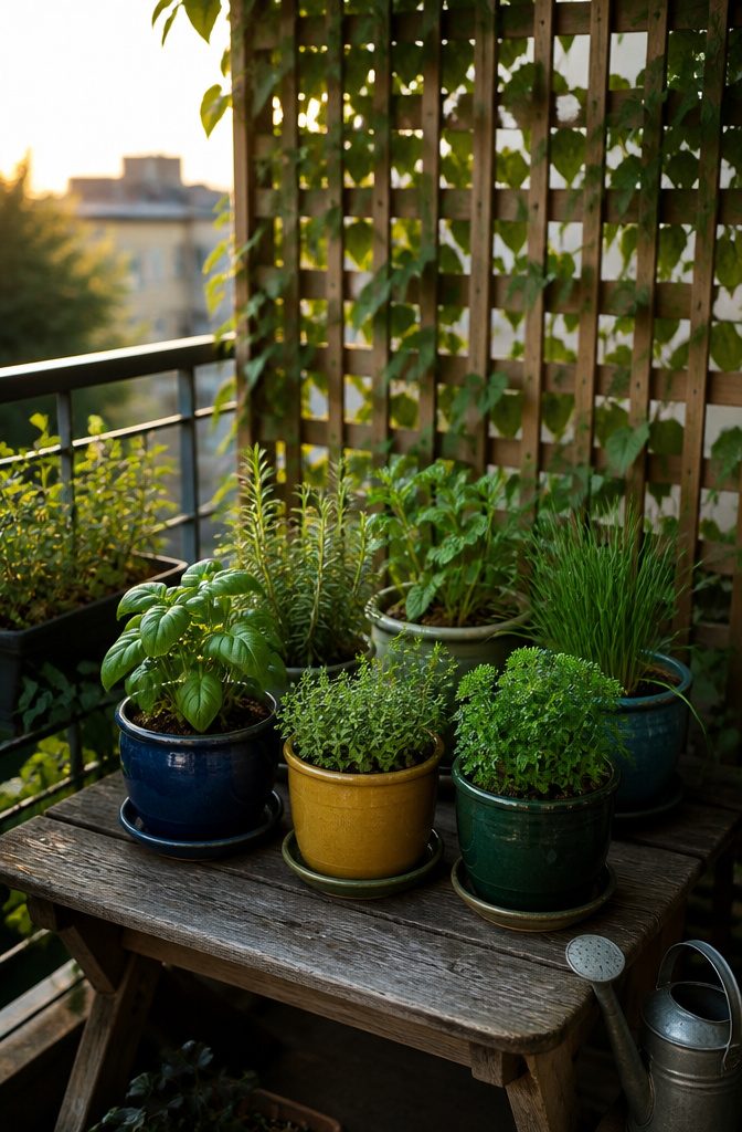 Ceramic pots filled with herbs on a weathered wooden table.