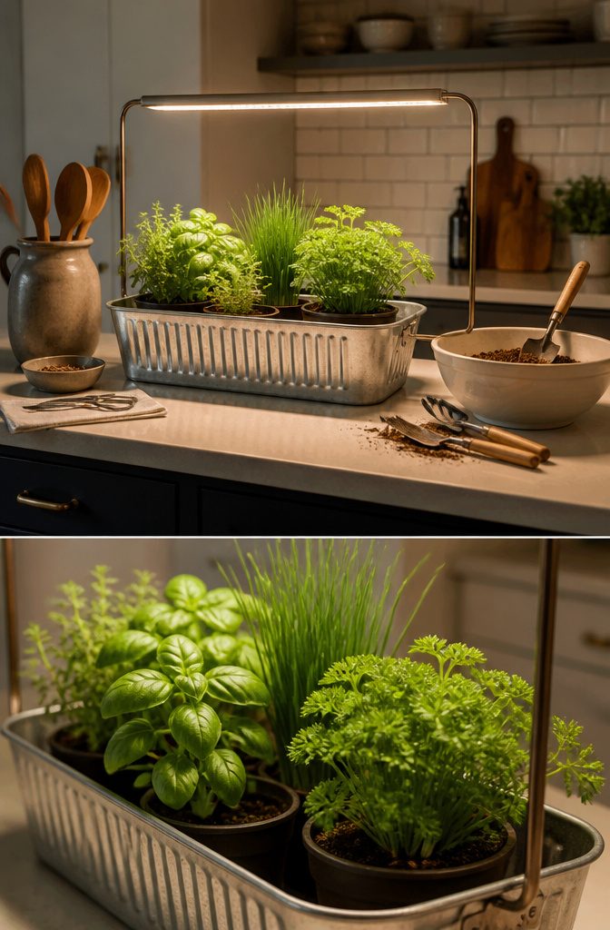 Aluminum tray with pots and a grow light under a kitchen cabinet.