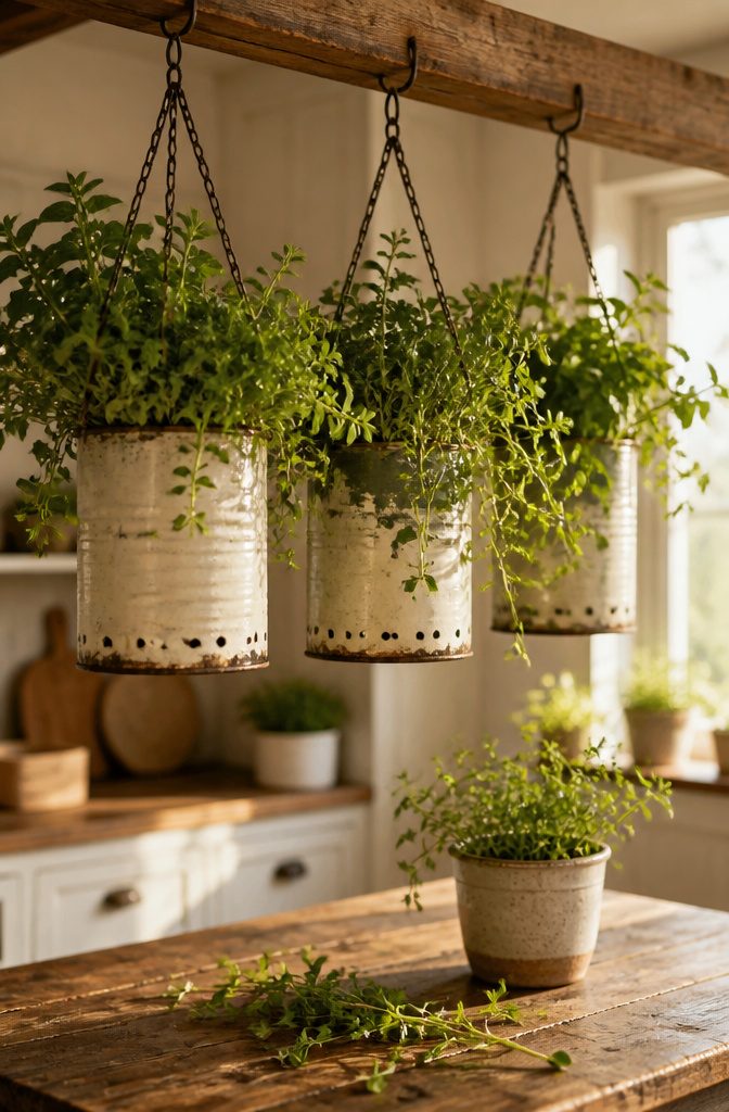 Ceiling hooks with hanging planters filled with herbs and soil.