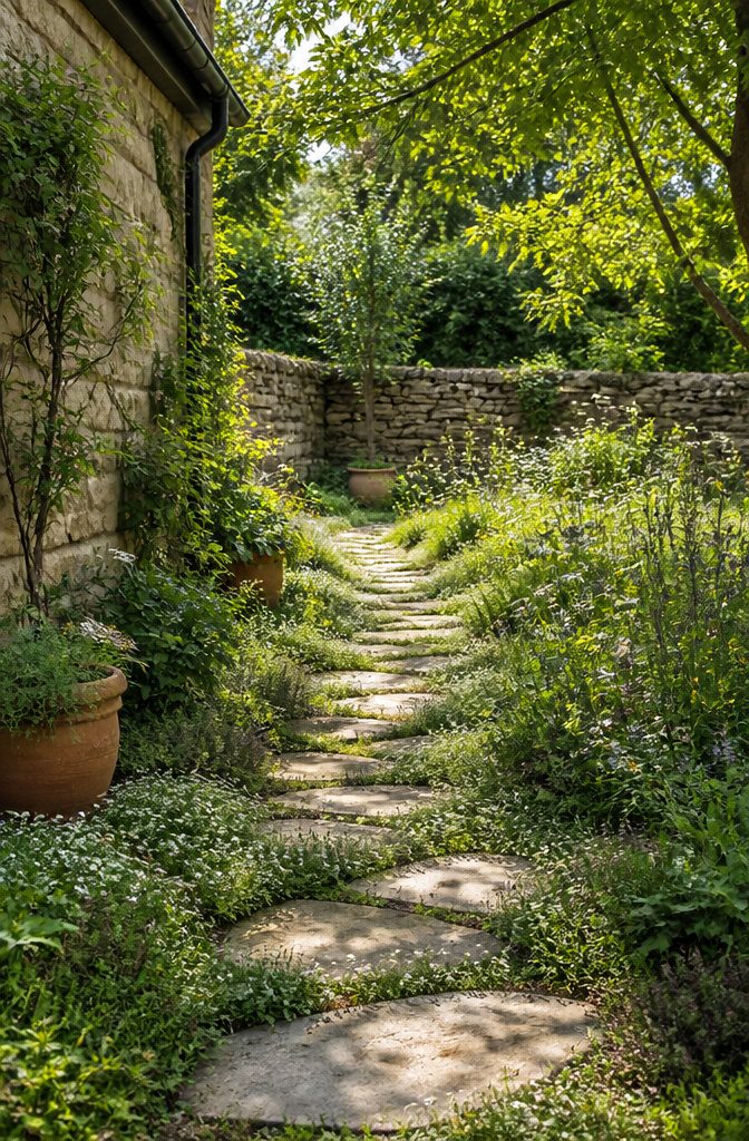 Herbs planted between stepping stones in a garden pathway.