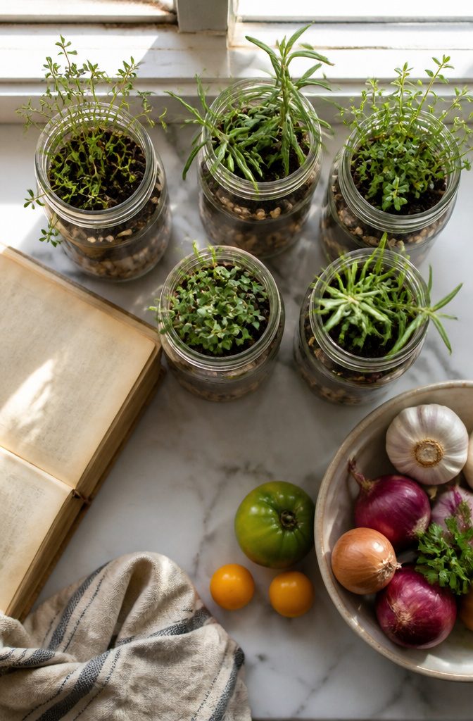 Glass mason jars filled with herbs on a kitchen windowsill.