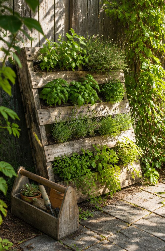 Wooden pallet planter with herbs growing in slats.