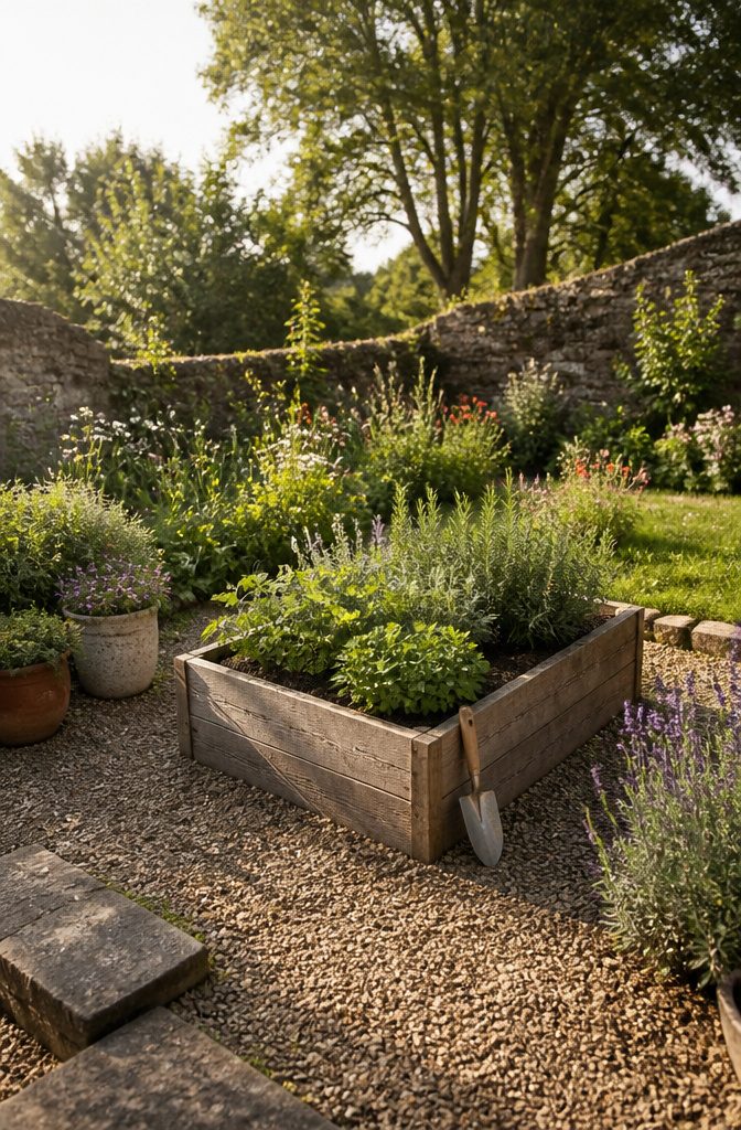 A raised bed filled with various herbs in a garden setting.