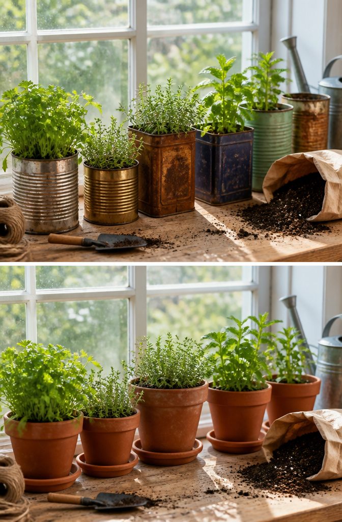 Windowsill lined with coffee cans and tea tins as herb containers.