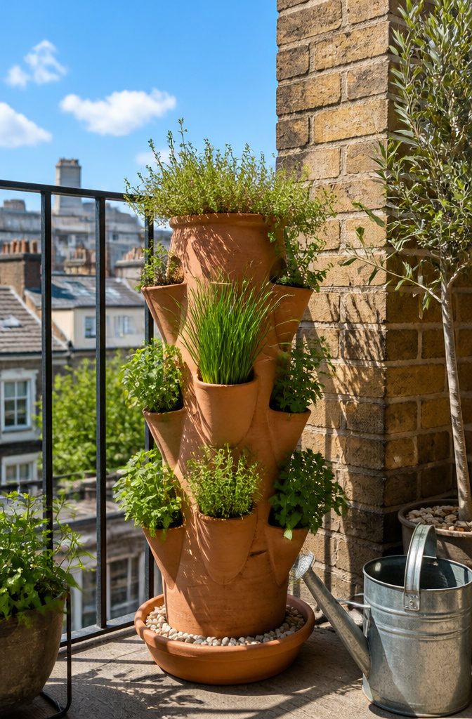 Strawberry pot filled with various herbs on a balcony.