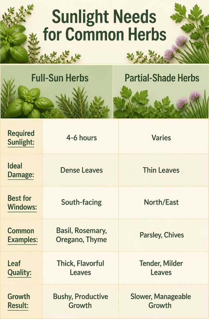 Sunlight needs for common herbs displayed on an information graphic.